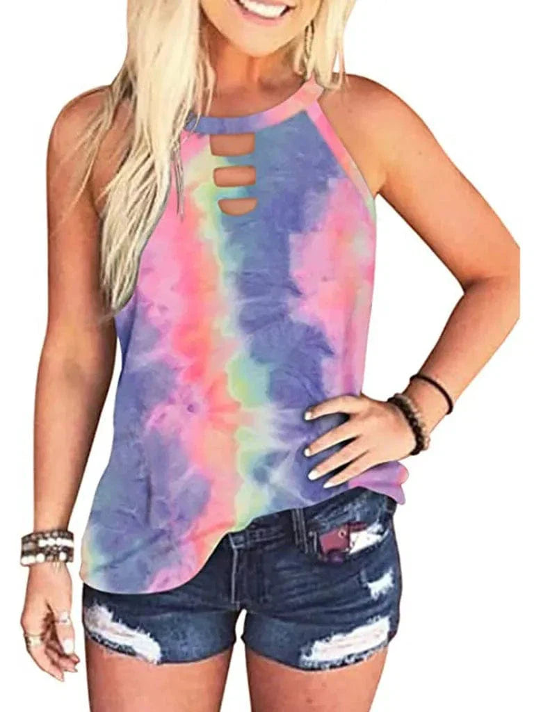 Ladies Sexy Leopard Tabk Tops Fashion Hollow Out Sleeveless Halter Camisole  Summer New  Tie-dye Printng Ladies Shirts Blusa