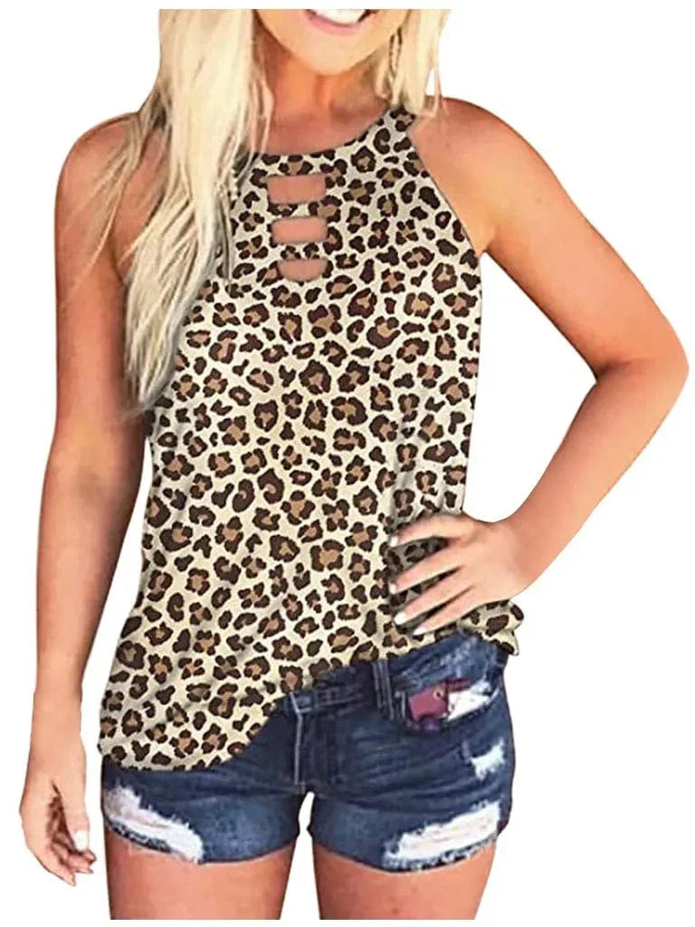 Ladies Sexy Leopard Tabk Tops Fashion Hollow Out Sleeveless Halter Camisole  Summer New  Tie-dye Printng Ladies Shirts Blusa