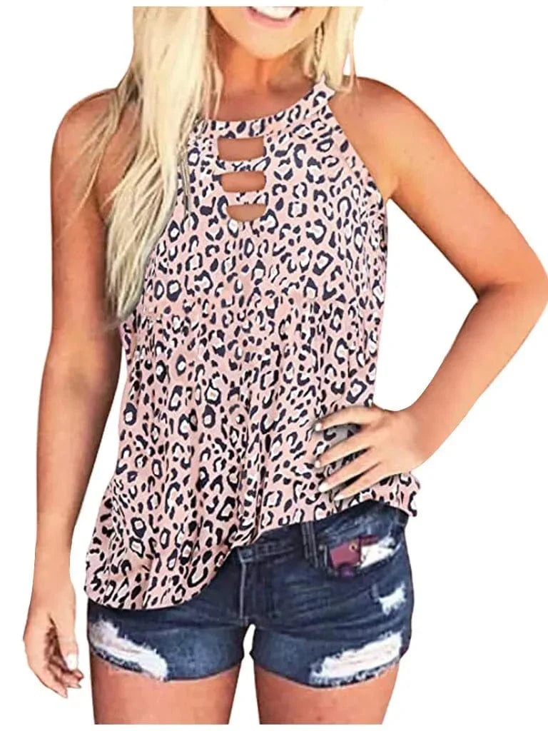 Ladies Sexy Leopard Tabk Tops Fashion Hollow Out Sleeveless Halter Camisole  Summer New  Tie-dye Printng Ladies Shirts Blusa