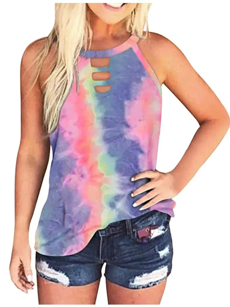 Ladies Sexy Leopard Tabk Tops Fashion Hollow Out Sleeveless Halter Camisole  Summer New  Tie-dye Printng Ladies Shirts Blusa