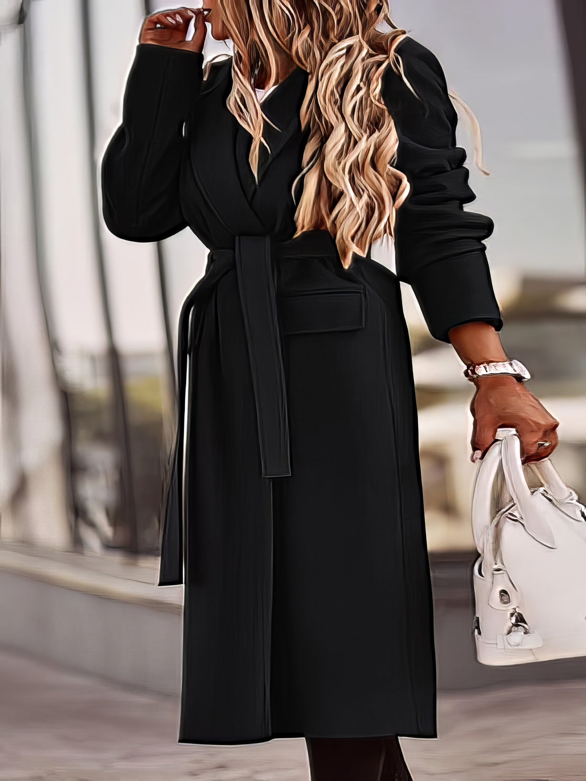 Women's Coats Lapel Solid Long Sleeve Belt Pocket Woolen Coat