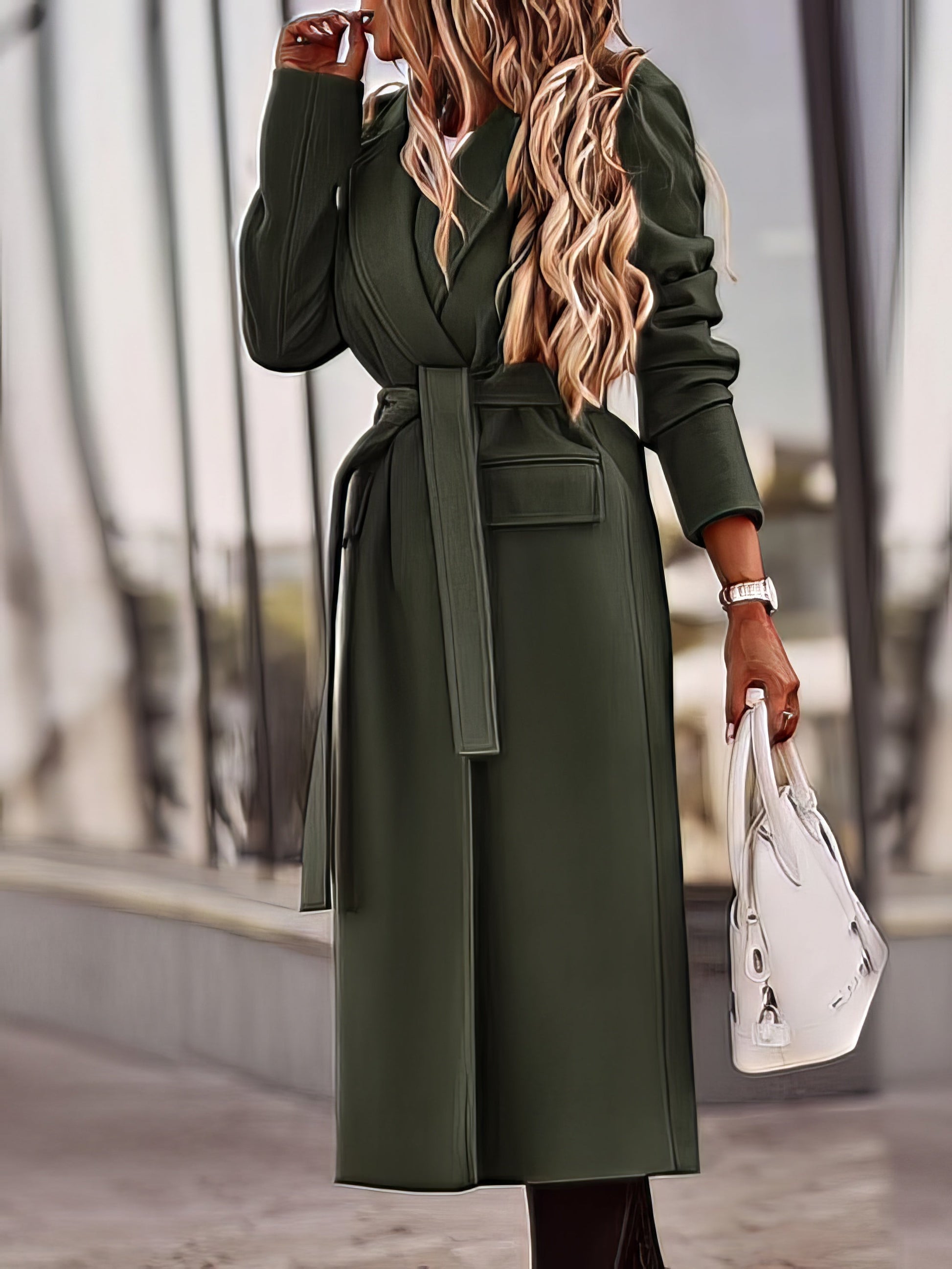 Women's Coats Lapel Solid Long Sleeve Belt Pocket Woolen Coat