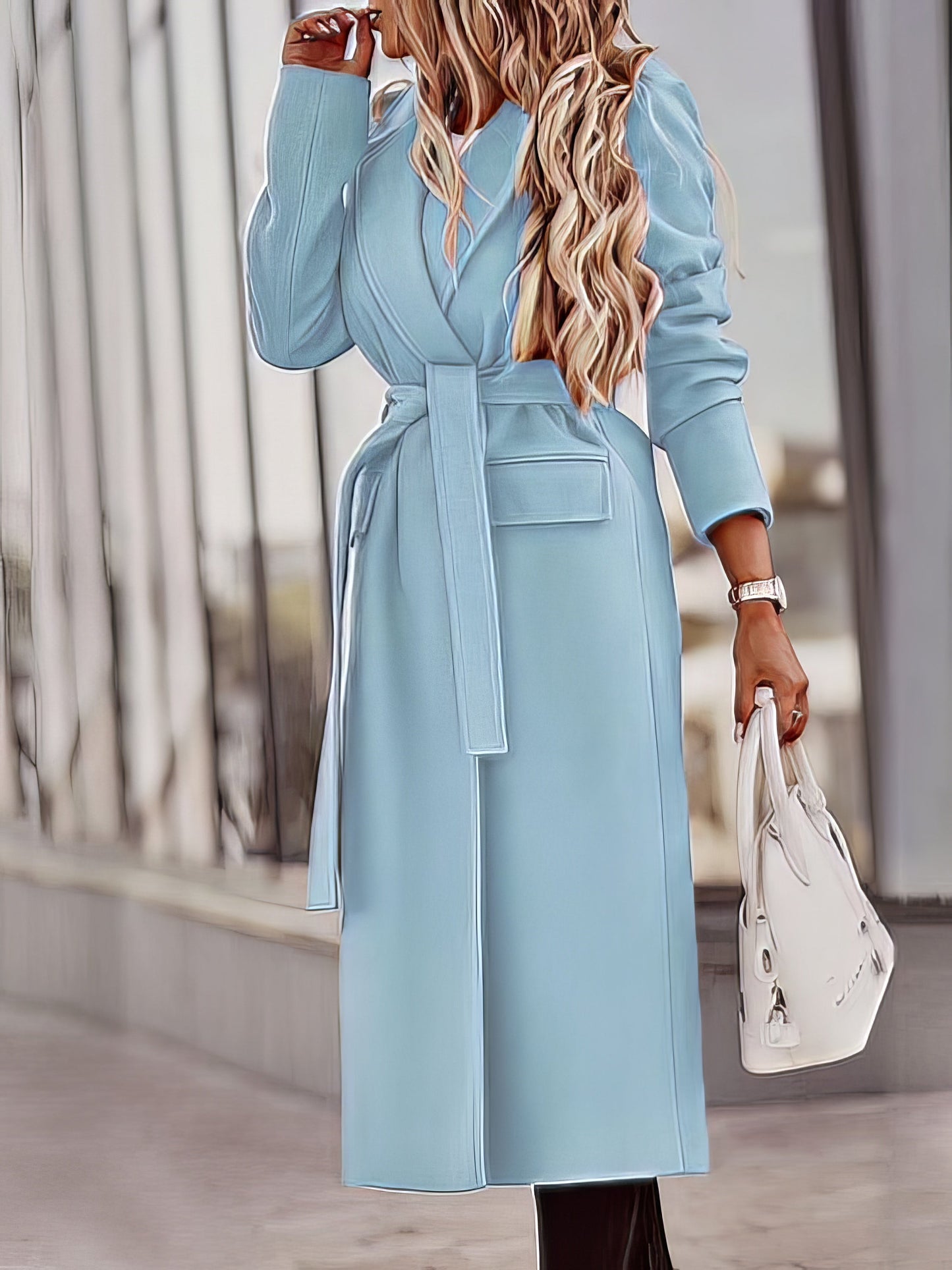 Women's Coats Lapel Solid Long Sleeve Belt Pocket Woolen Coat