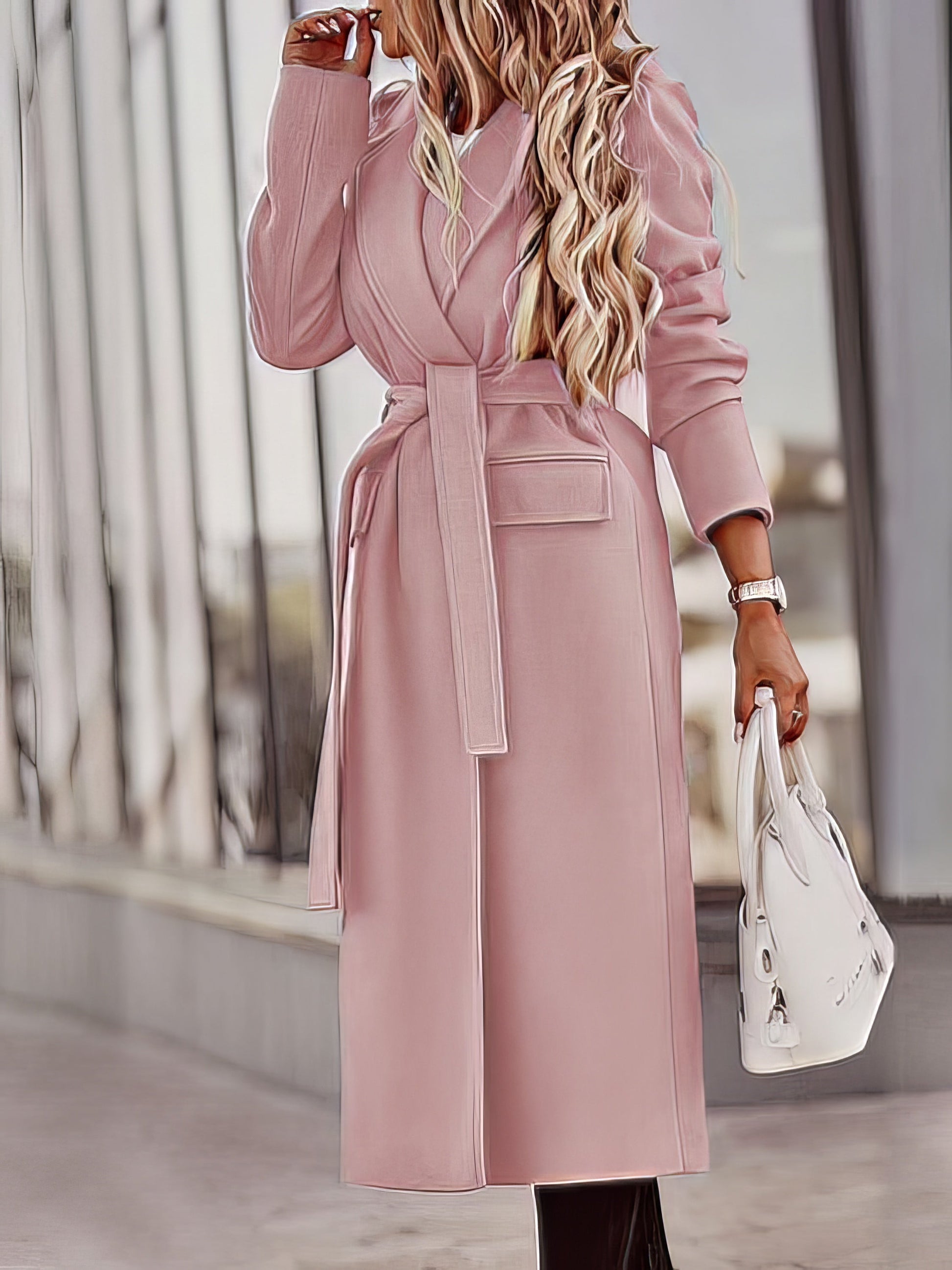 Women's Coats Lapel Solid Long Sleeve Belt Pocket Woolen Coat