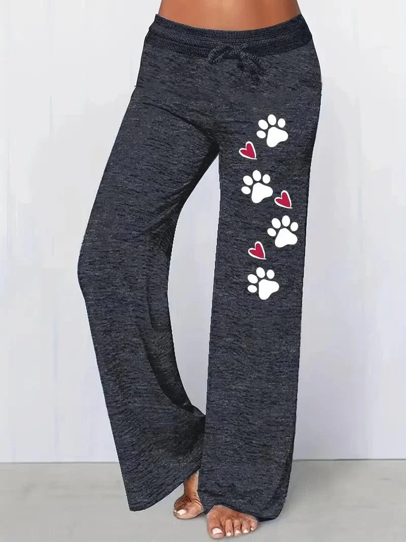 Paw Print Drawstring Loose Pants, Comfy Women's Trousers