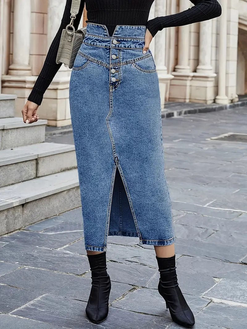 High Waisted Blue Denim Skirt with Slim Fit Split and Slash Pockets, Women's Denim Apparel