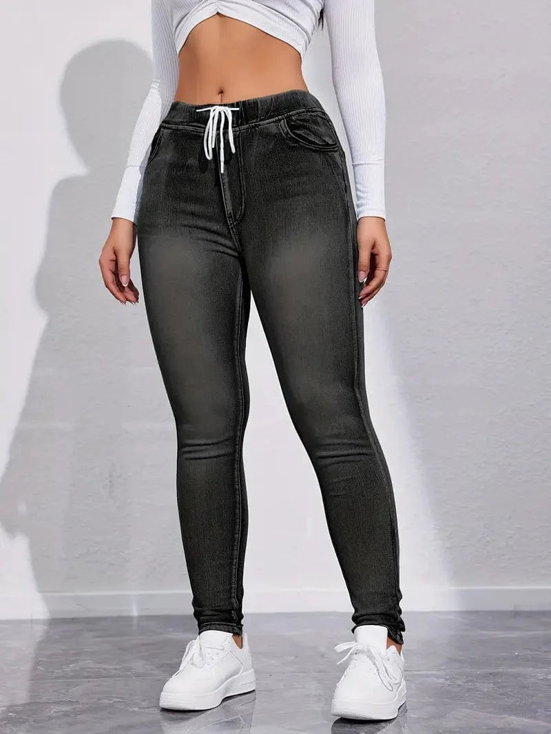 Slim Fit Drawstring Denim Jeans with Elastic Waist for Women