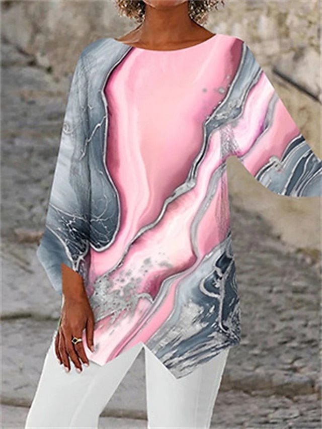 Abstract Graphic Print Women's Shirt Blouse with Asymmetric Long Sleeves