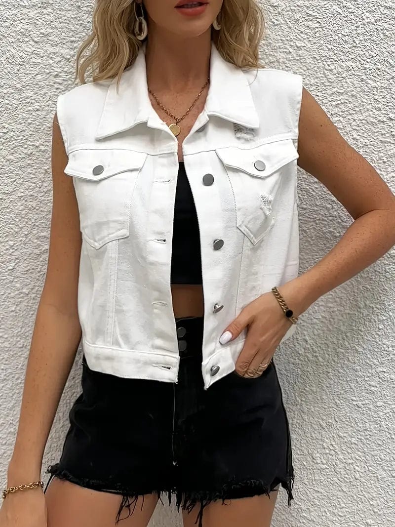 Sleeveless White Denim Vest with Ripped Holes and Button-Up Pockets, Women's Sleeveless Denim Jacket