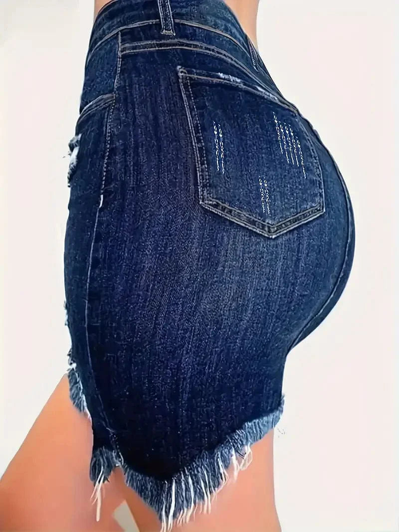 Frayed Trim Blue Denim Skirt with Distressed Raw Hem