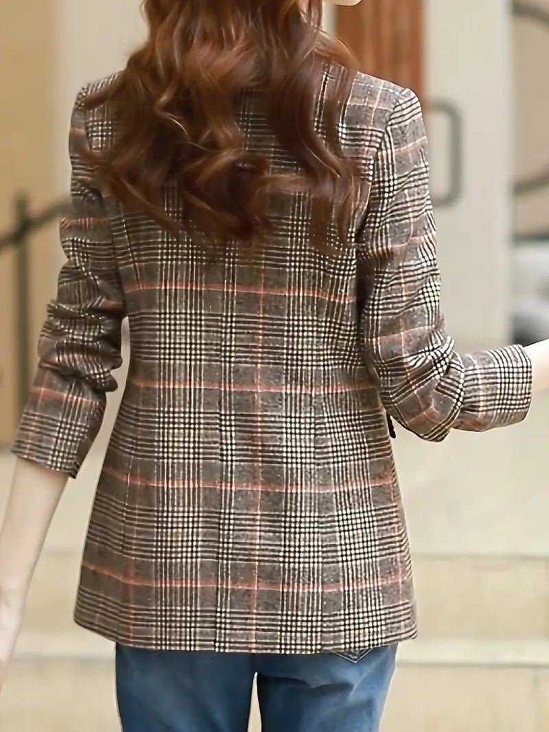 Plaid Print Casual Lapel Long Sleeve Blazer With Pocket for Women