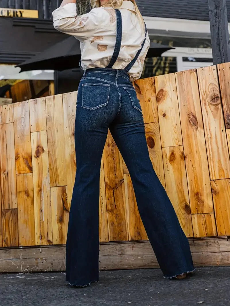 Adjustable Dark Blue Denim Overalls with Flare Leg and Slash Pocket – Women's Stylish Dungarees