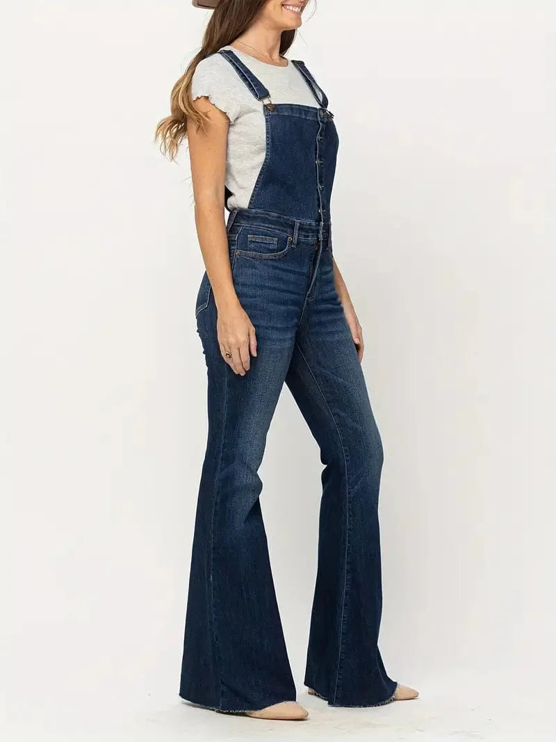 Adjustable Dark Blue Denim Overalls with Flare Leg and Slash Pocket – Women's Stylish Dungarees