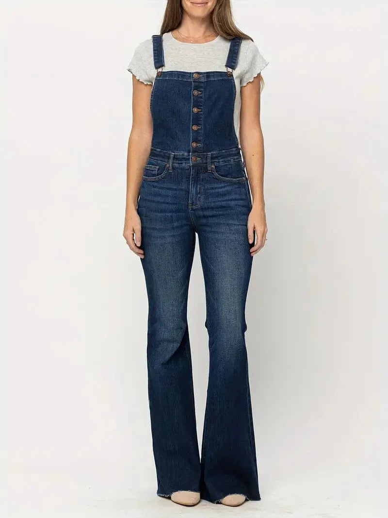 Adjustable Dark Blue Denim Overalls with Flare Leg and Slash Pocket – Women's Stylish Dungarees