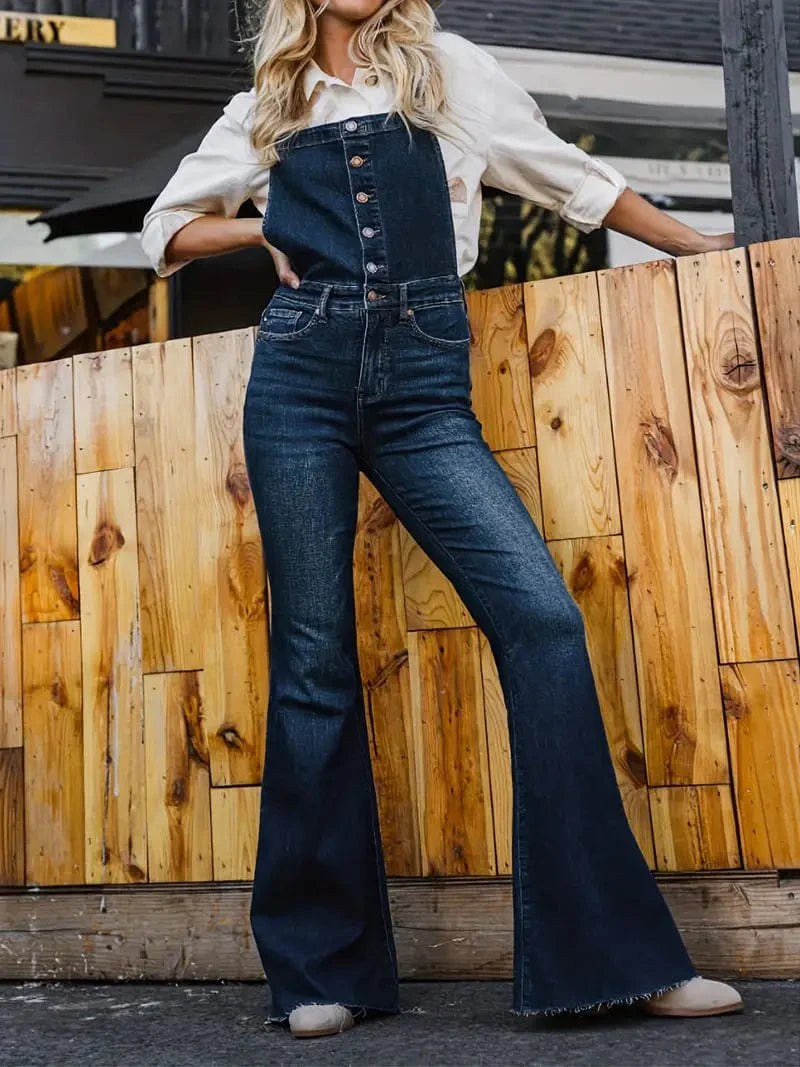 Adjustable Dark Blue Denim Overalls with Flare Leg and Slash Pocket – Women's Stylish Dungarees