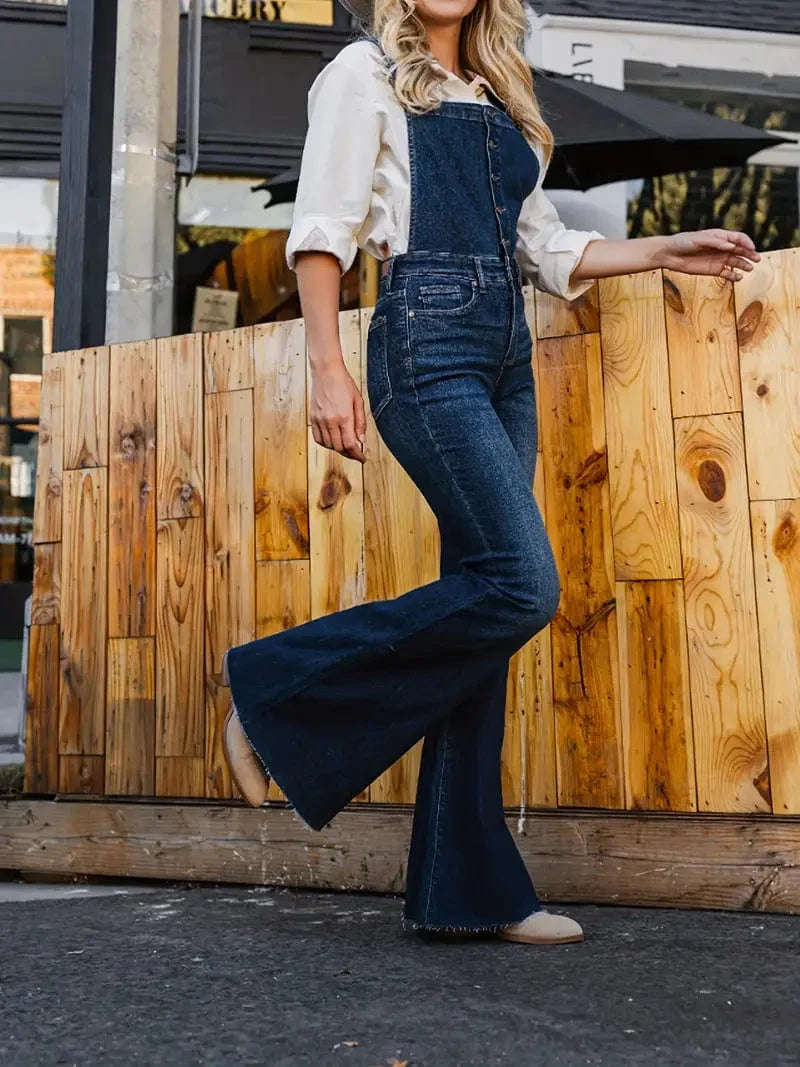 Adjustable Dark Blue Denim Overalls with Flare Leg and Slash Pocket – Women's Stylish Dungarees