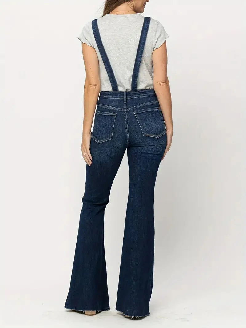 Adjustable Dark Blue Denim Overalls with Flare Leg and Slash Pocket – Women's Stylish Dungarees