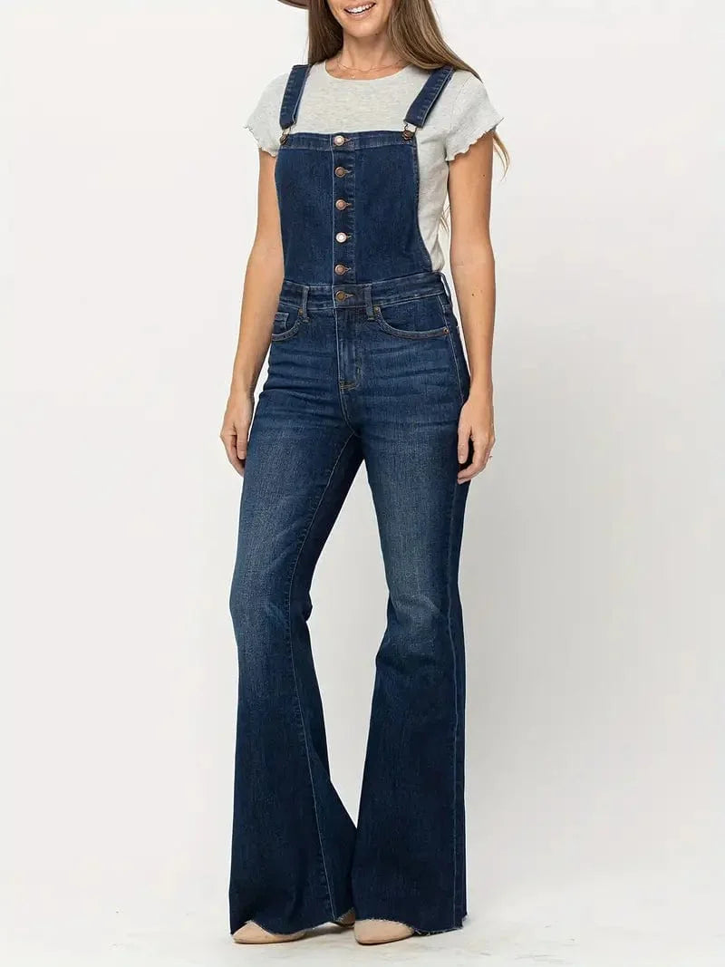 Adjustable Dark Blue Denim Overalls with Flare Leg and Slash Pocket – Women's Stylish Dungarees