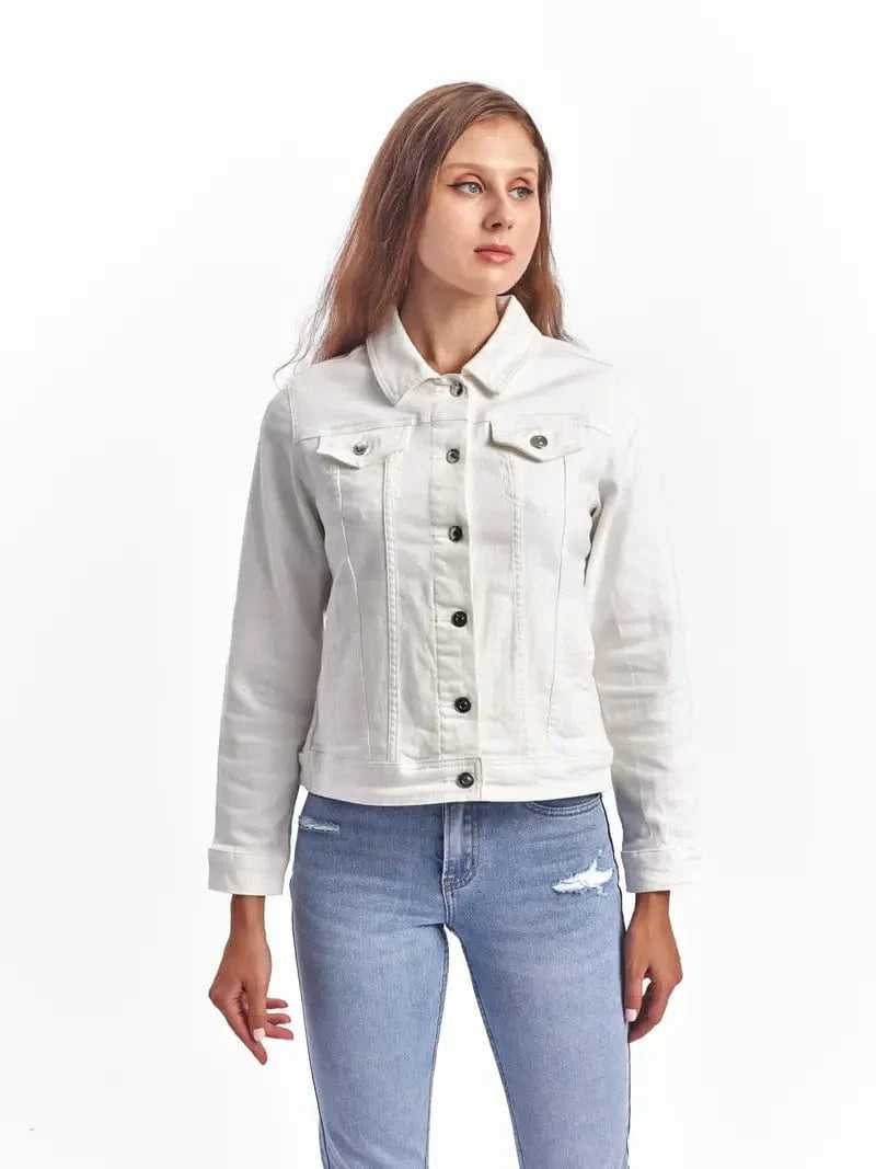 Lapel Denim Coat with Long Sleeves and Buttoned Flap Pockets - Stylish Women's Jacket