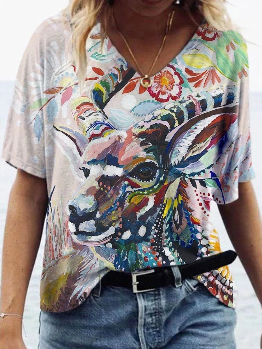 Animal Print V-Neck Short-sleeve Tee