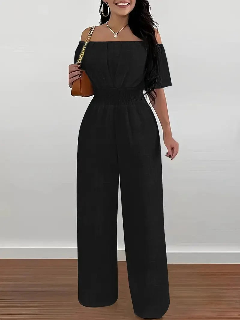 Off Shoulder Wide Leg Jumpsuit for Women: Stylish Casual Short Sleeve Outfit for Spring & Summer