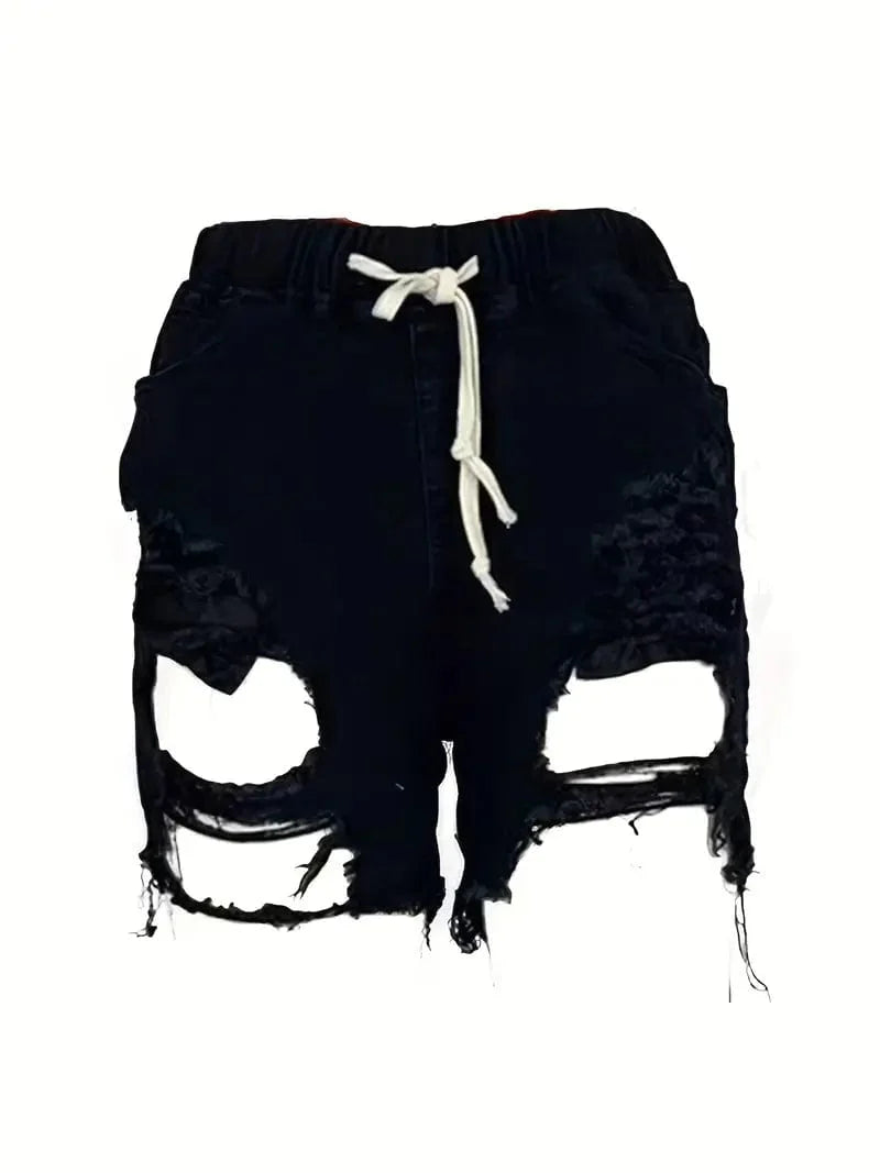 Stretchy Elastic Waist Denim Shorts with Ripped Distressed Details for Women