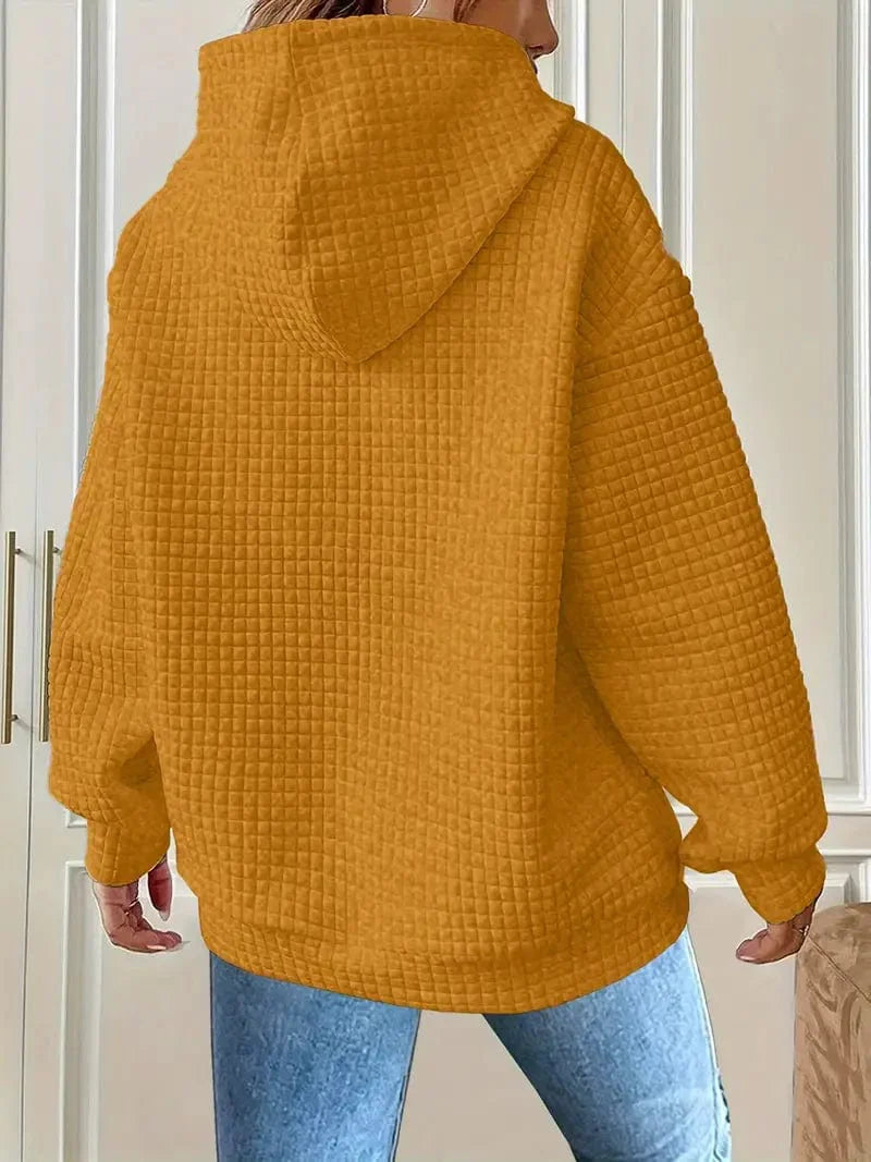 Waffle Grid Kangaroo Pocket Hoodie, Long Sleeve Drawstring Hoodies for Women
