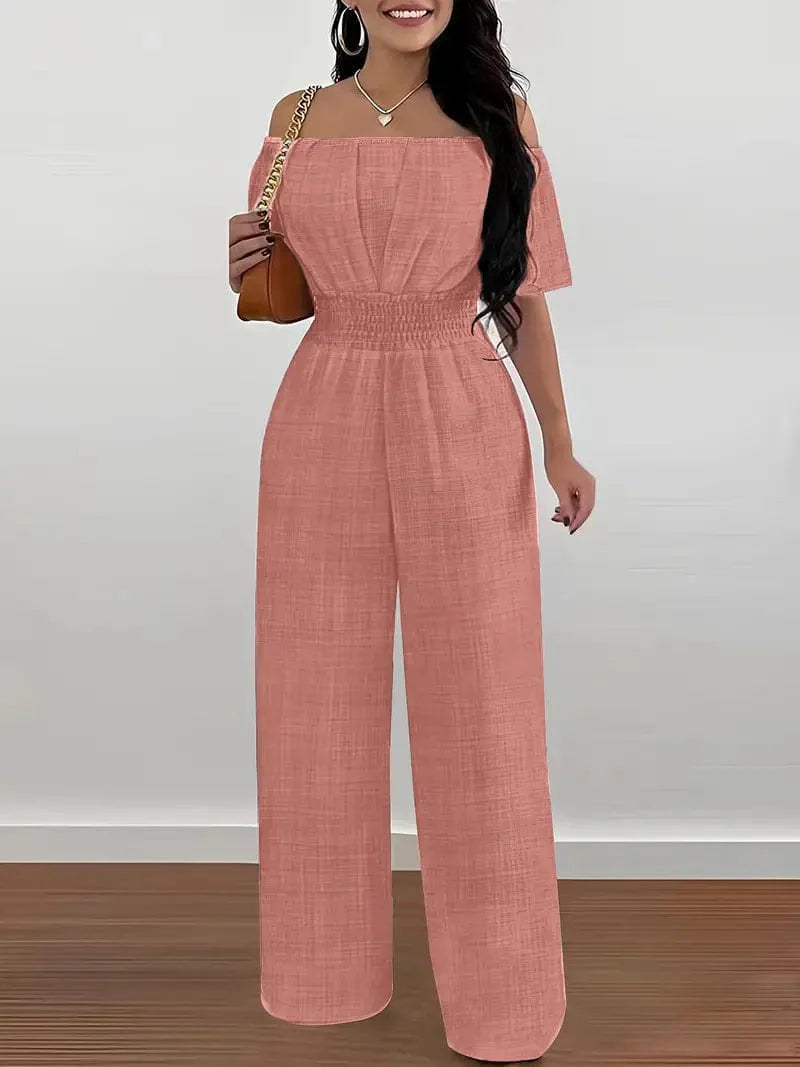 Off Shoulder Wide Leg Jumpsuit for Women: Stylish Casual Short Sleeve Outfit for Spring & Summer