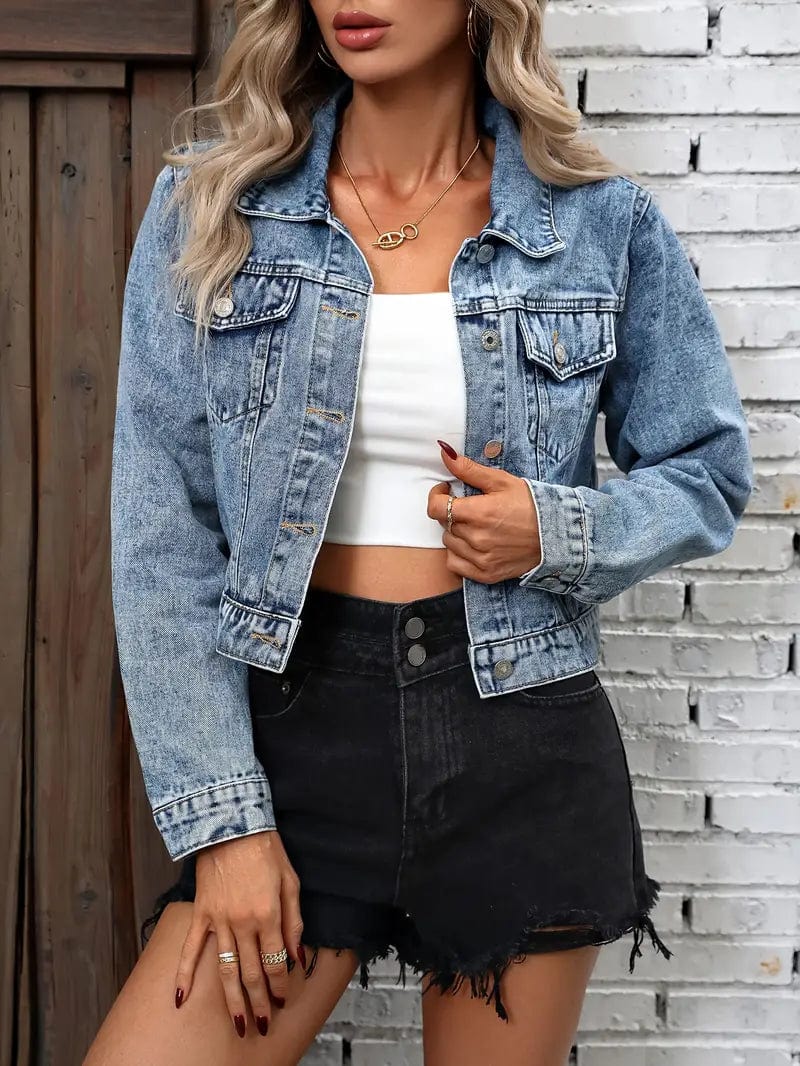 Blue Cropped Denim Jacket with Flap Pockets and Lapel - Women's Stylish Denim Coat