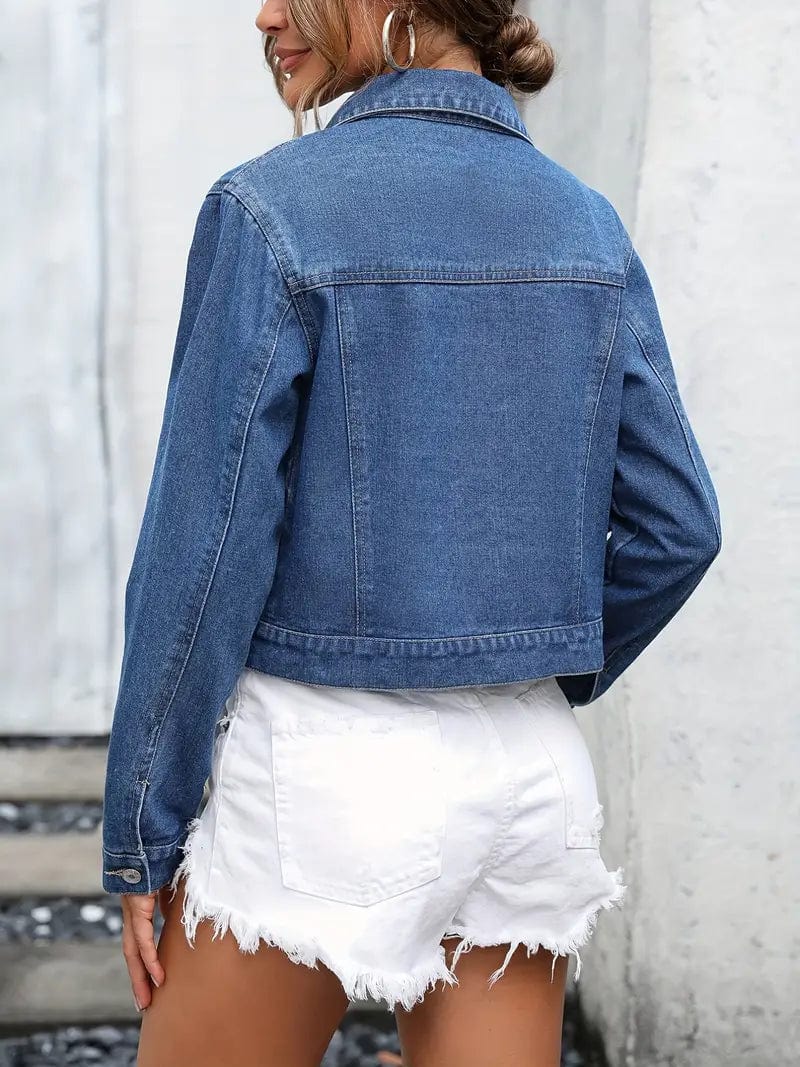 Blue Cropped Denim Jacket with Flap Pockets and Lapel - Women's Stylish Denim Coat