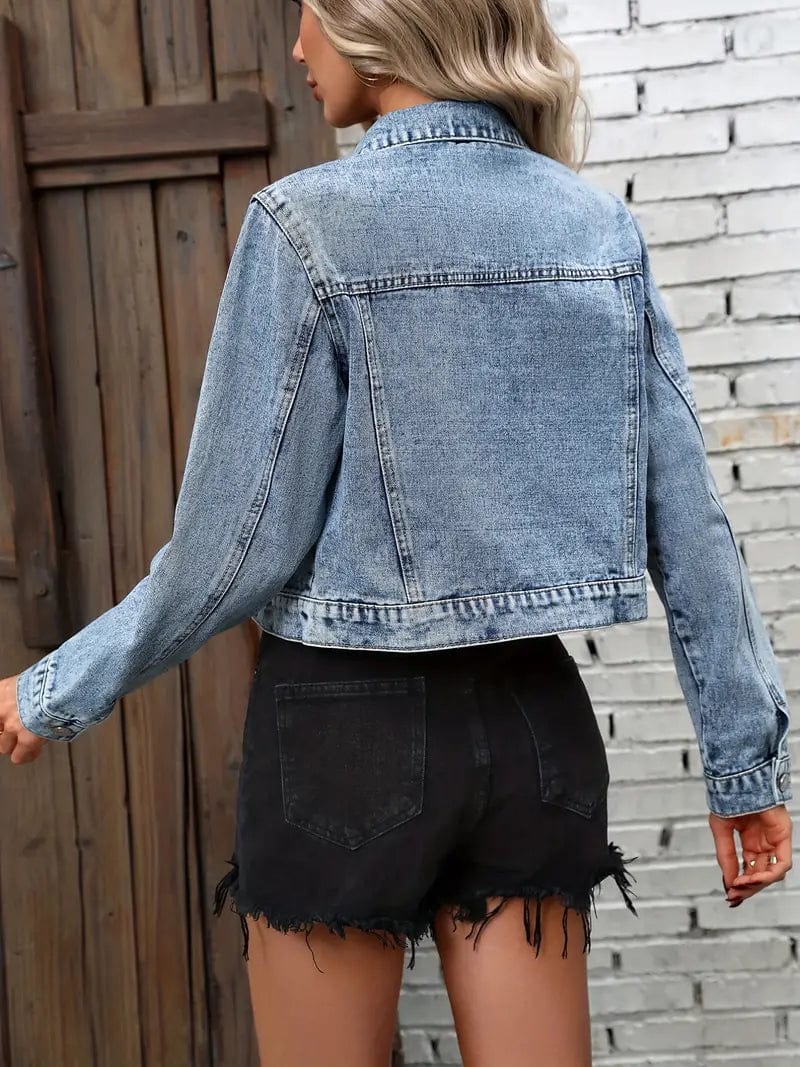 Blue Cropped Denim Jacket with Flap Pockets and Lapel - Women's Stylish Denim Coat