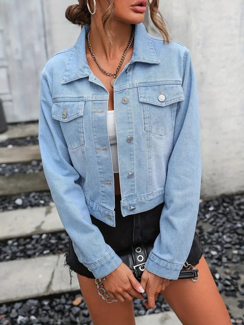 Blue Cropped Denim Jacket with Flap Pockets and Lapel - Women's Stylish Denim Coat