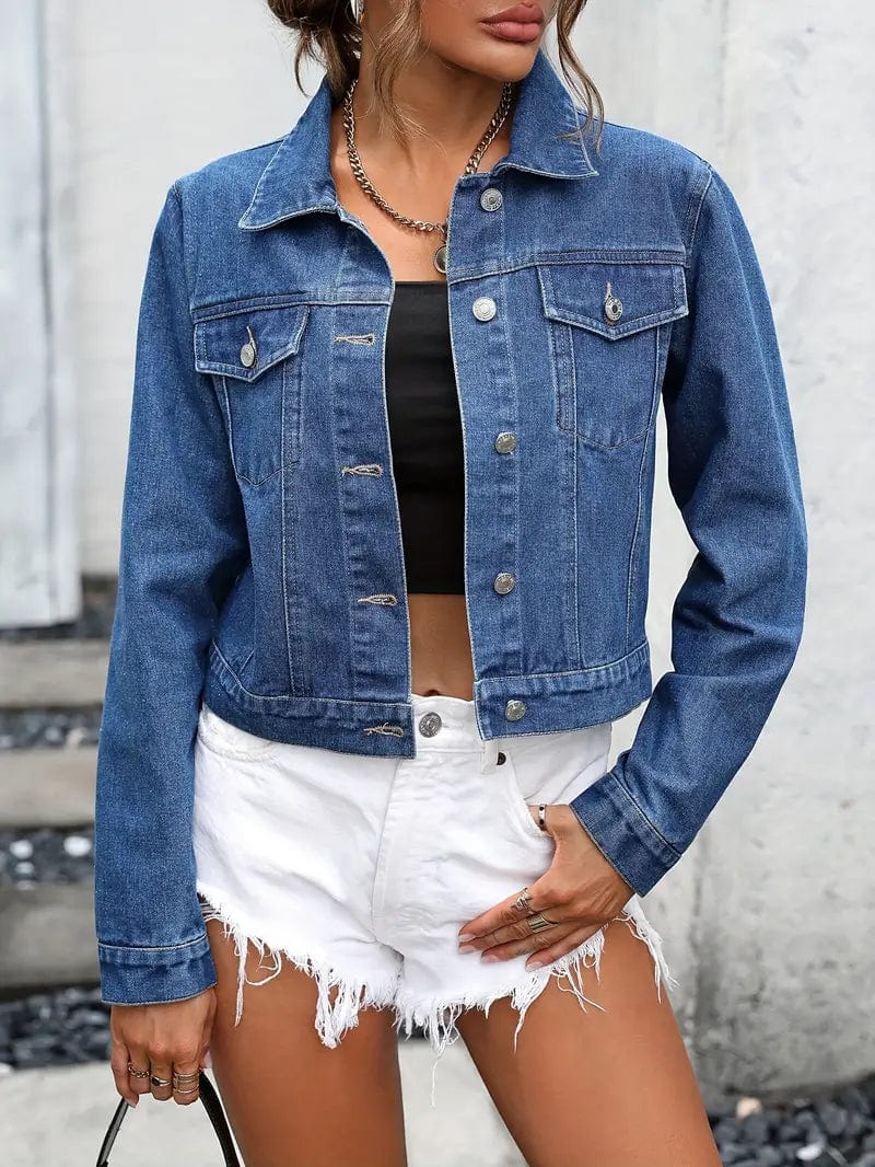 Blue Cropped Denim Jacket with Flap Pockets and Lapel - Women's Stylish Denim Coat