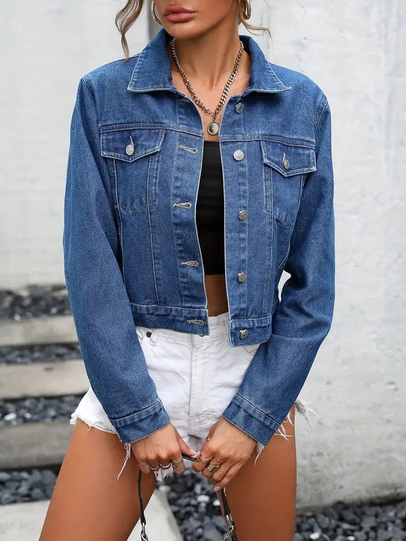 Blue Cropped Denim Jacket with Flap Pockets and Lapel - Women's Stylish Denim Coat