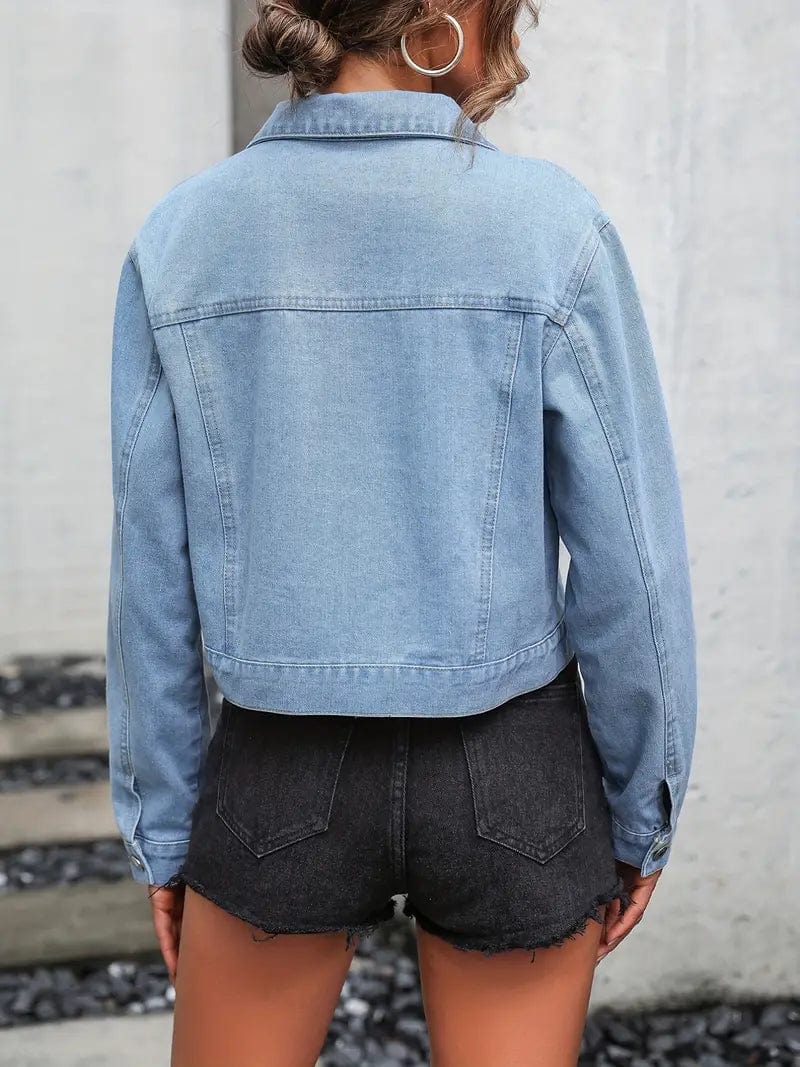 Blue Cropped Denim Jacket with Flap Pockets and Lapel - Women's Stylish Denim Coat