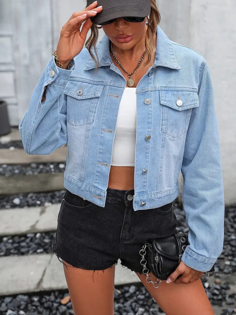 Blue Cropped Denim Jacket with Flap Pockets and Lapel - Women's Stylish Denim Coat
