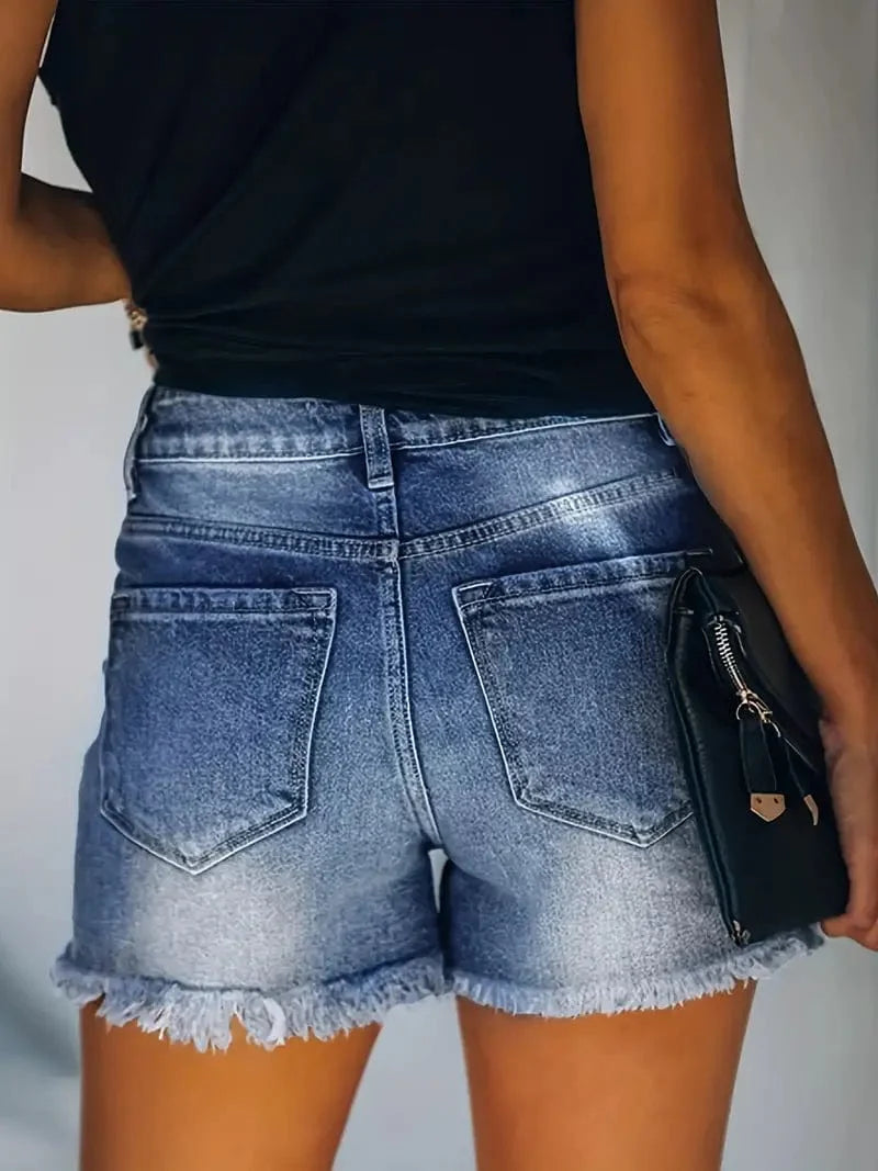 Blue Distressed Denim Shorts with Frayed Hem and Slash Pockets - Women's Denim Clothes