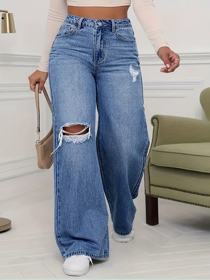 Blue Distressed Straight Leg Jeans, Oversized Wide-legged Denim Pants, Women's Jeanwear Styles & Apparel