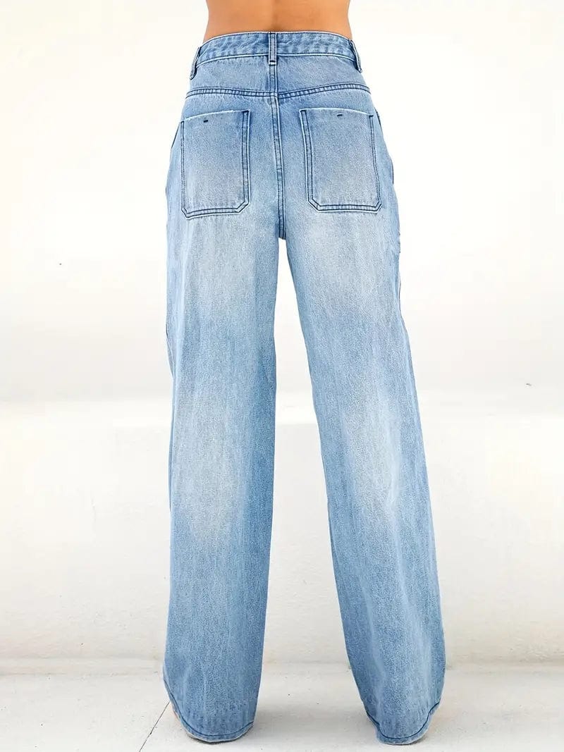 Blue Wide Leg High Waist Jeans with Slash Pockets & Straight Fit Hem, Women's Denim Pants & Apparel
