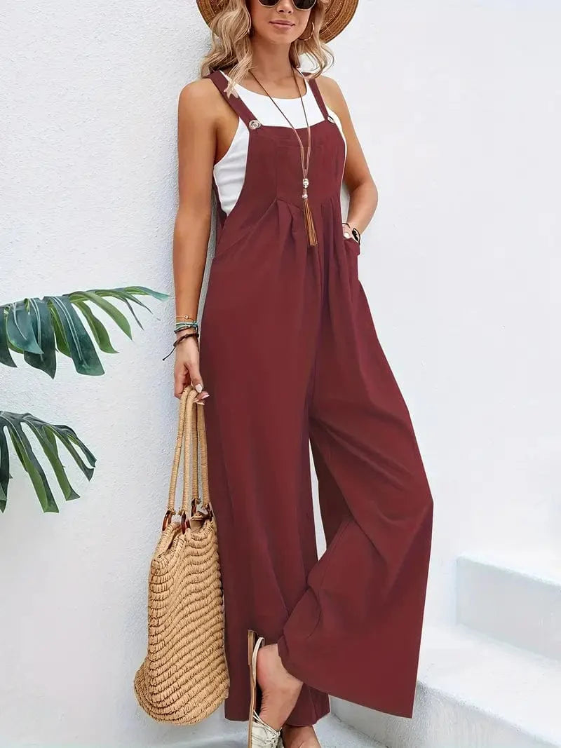Boho Sleeveless Long Jumpsuit with Pockets, Women's Casual Baggy Overall