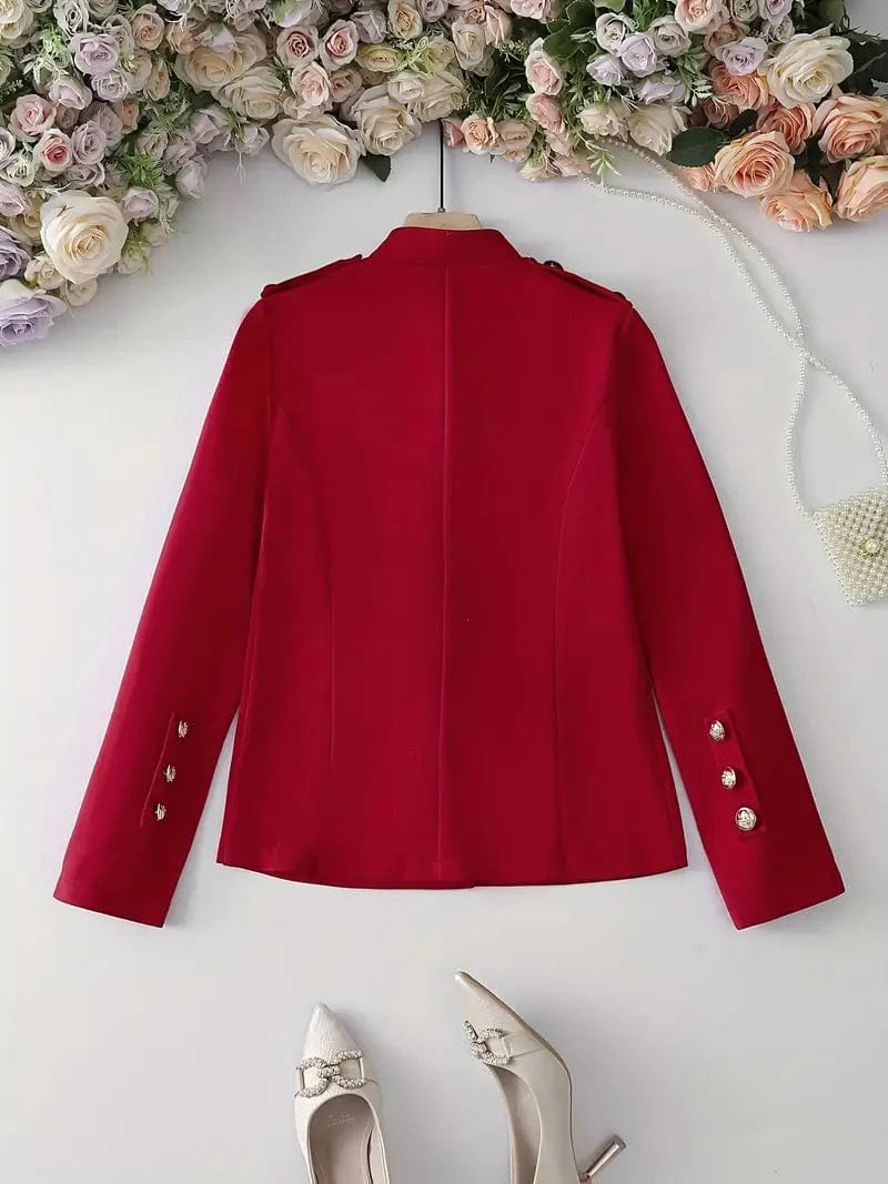 Button Front Solid Blazer, Sophisticated Long Sleeve Work Office Jacket, Women's Attire