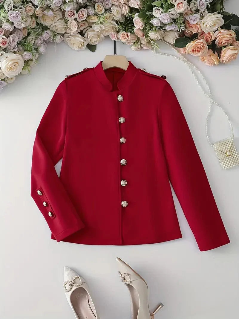 Button Front Solid Blazer, Sophisticated Long Sleeve Work Office Jacket, Women's Attire
