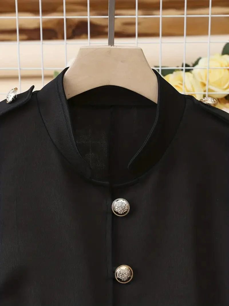 Button Front Solid Blazer, Sophisticated Long Sleeve Work Office Jacket, Women's Attire