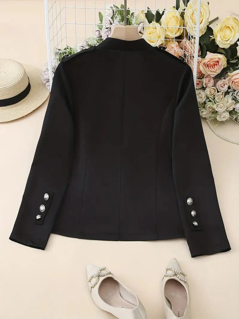 Button Front Solid Blazer, Sophisticated Long Sleeve Work Office Jacket, Women's Attire