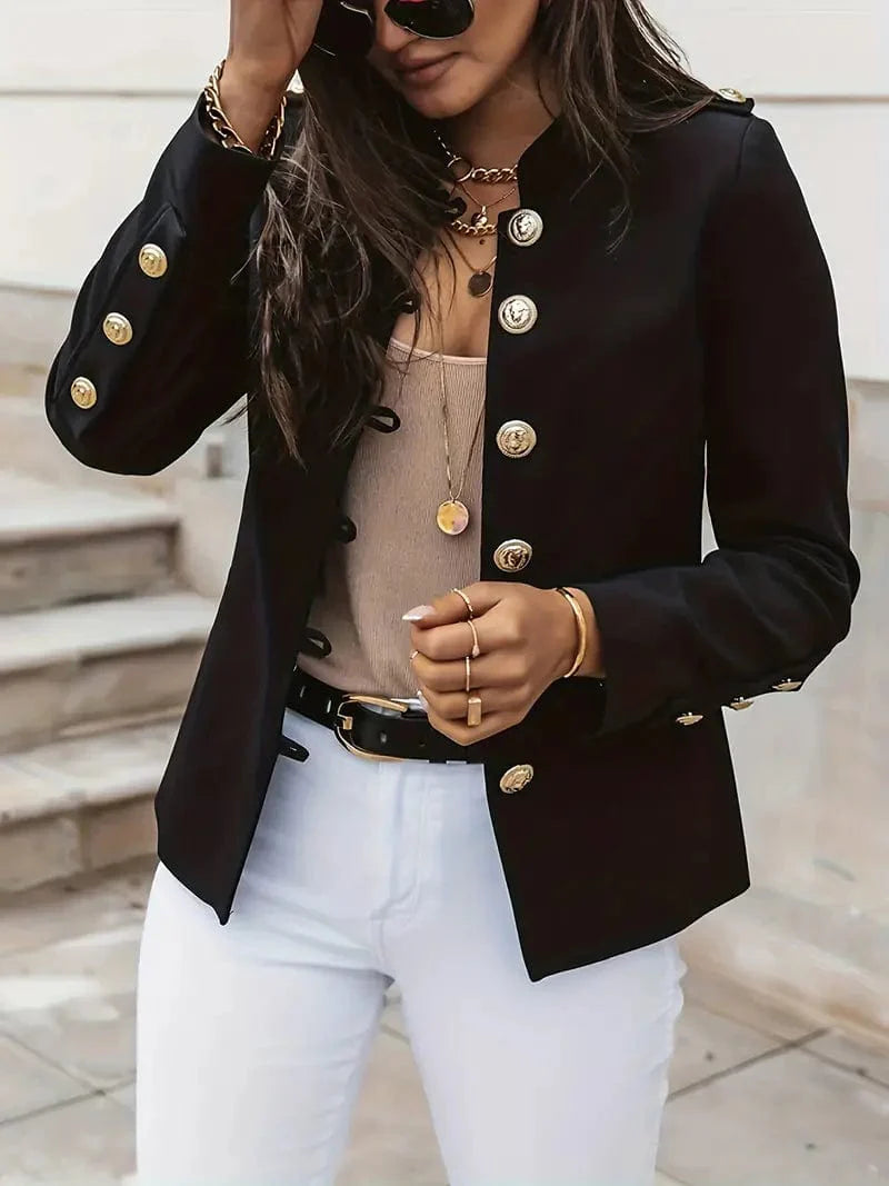 Button Front Solid Blazer, Sophisticated Long Sleeve Work Office Jacket, Women's Attire