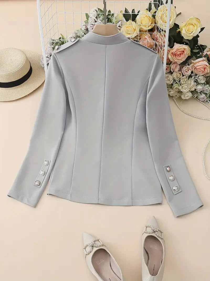 Button Front Solid Blazer, Sophisticated Long Sleeve Work Office Jacket, Women's Attire