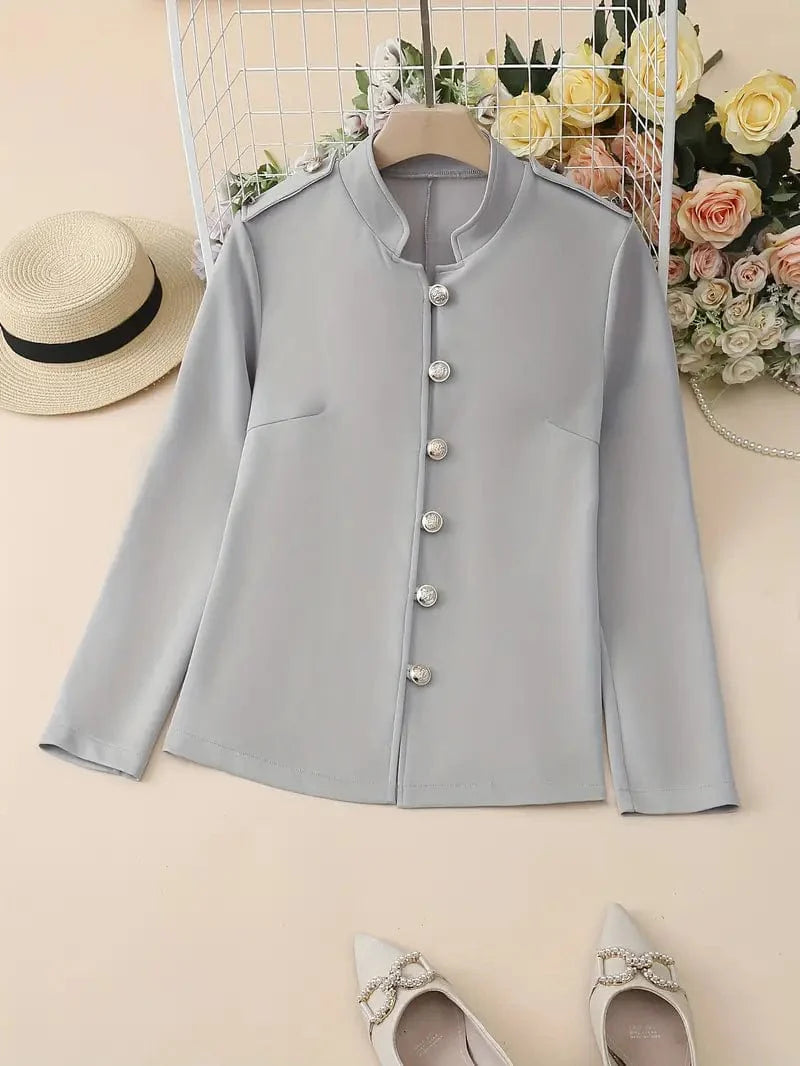 Button Front Solid Blazer, Sophisticated Long Sleeve Work Office Jacket, Women's Attire