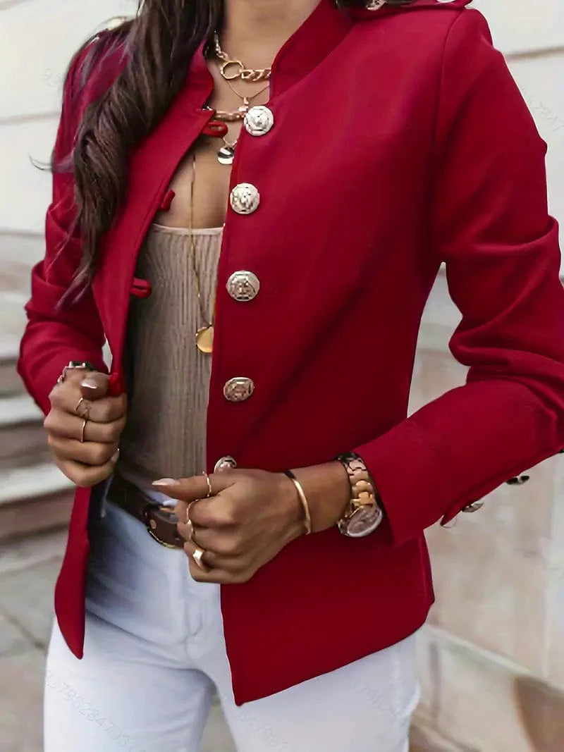 Button Front Solid Blazer, Sophisticated Long Sleeve Work Office Jacket, Women's Attire
