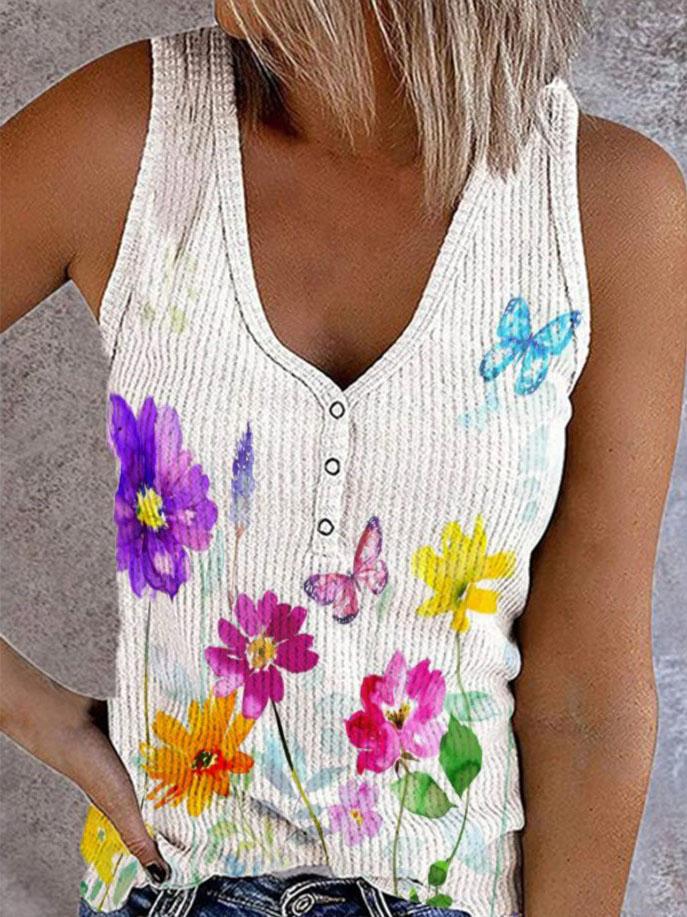 Button Print V-neck Sleeveless Tank Top