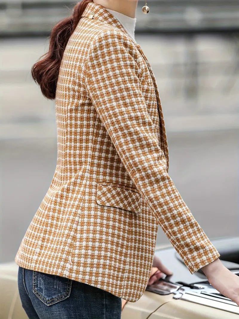 Sophisticated Houndstooth Blazer with Chic Lapel for Autumn & Winter, Women's Apparel
